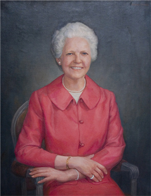 painting of ruth - she wears a rose colored suit and has curly white hair