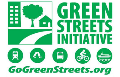 a green tree and house next to the words green streets initiative with bike, train, legs, bus and ferry icons