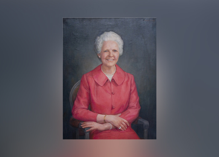 painting of ruth - she wears a rose colored suit and has curly white hair