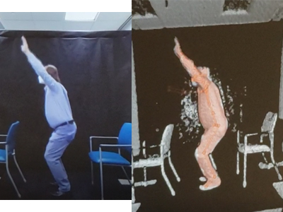 side by side images of a man squatting - one looks like real life, one looks like a body scan