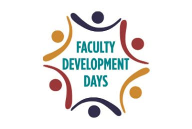 illustration in blue, red and yellow of people holding hands with faculty development days written in the middle