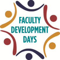 illustration in blue, red and yellow of people holding hands with faculty development days written in the middle