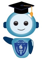 little blue robot made of circles wearing a graduation cap