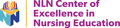 two Ns with a book on top next to NLN Center of Excellence in Nursing Education