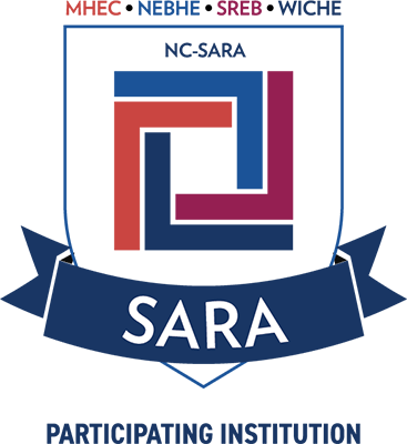 red and blue box with a ribbon underneath that says SARA participating institution