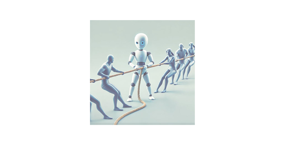 a robot stands in the middle of a tug of war game with ropes