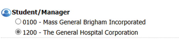 screenshot says student/manager and under that, two bullets - one is 0100 mass geenral brigham incorporated, and two is 1200 the general hospital corporation. bullet two is selected.