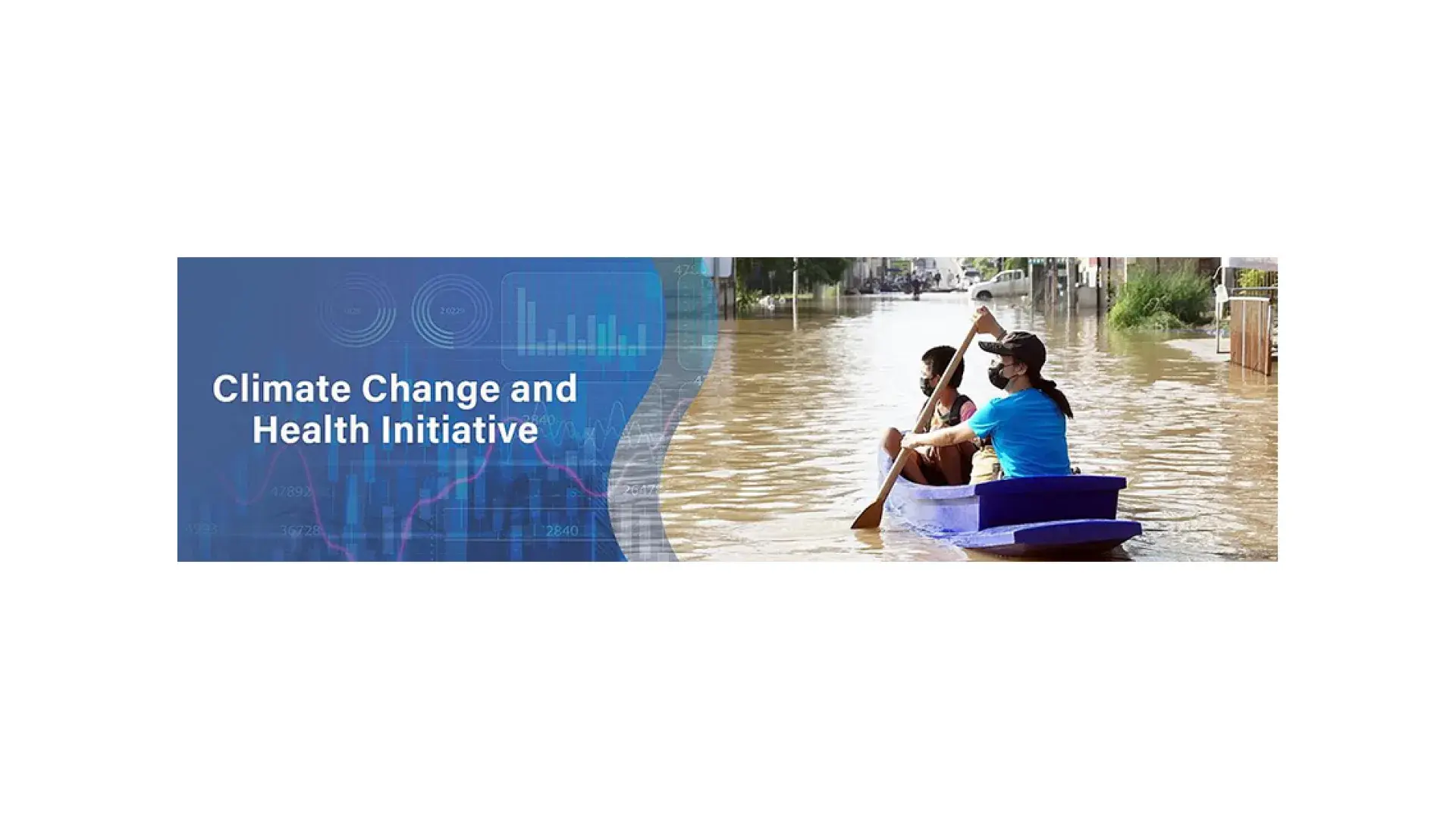 people in masks row down a flooded street in a canoe next to the words "climate change and health initiative"