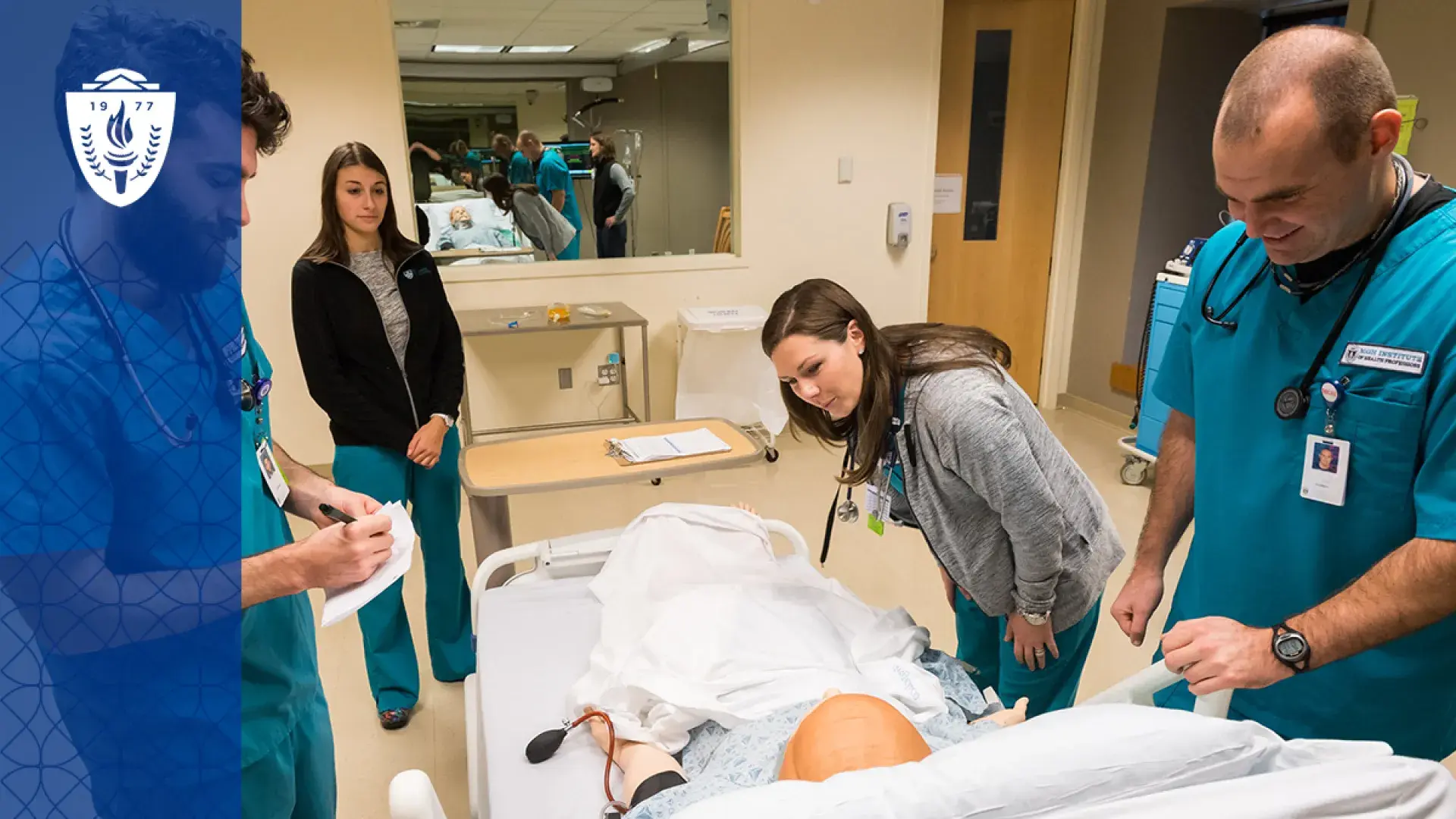 people in scrubs examine a manikin in a hospital bed