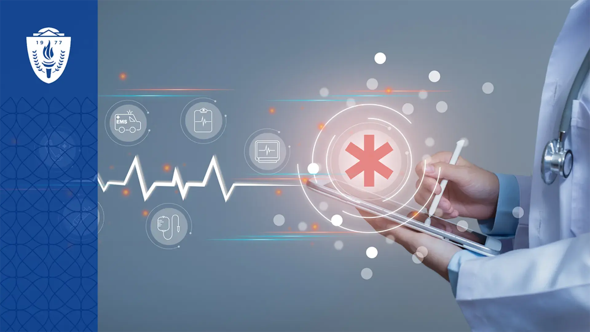 an emergency star illustration over a clipboard and hands in white lab coat