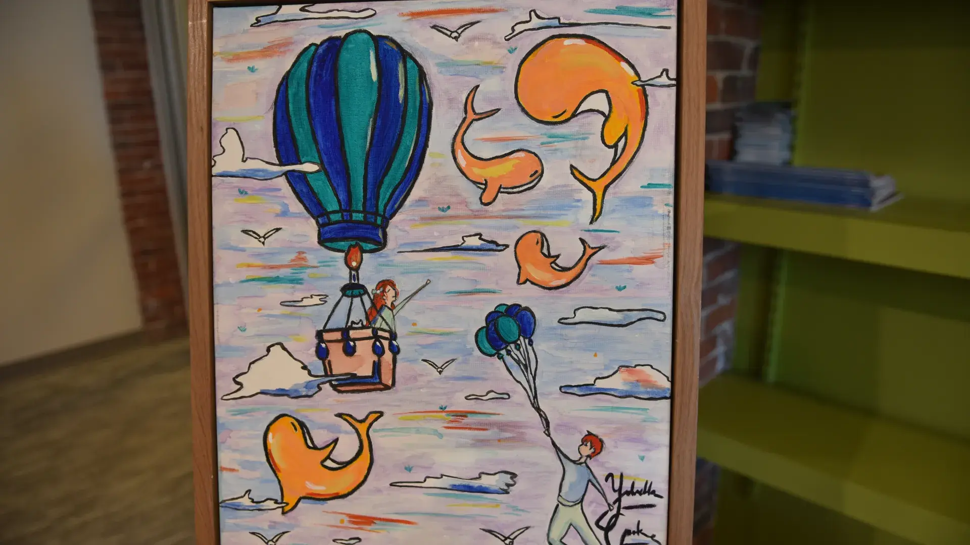 A painting of a hot air balloon with whales and a person flying with balloons
