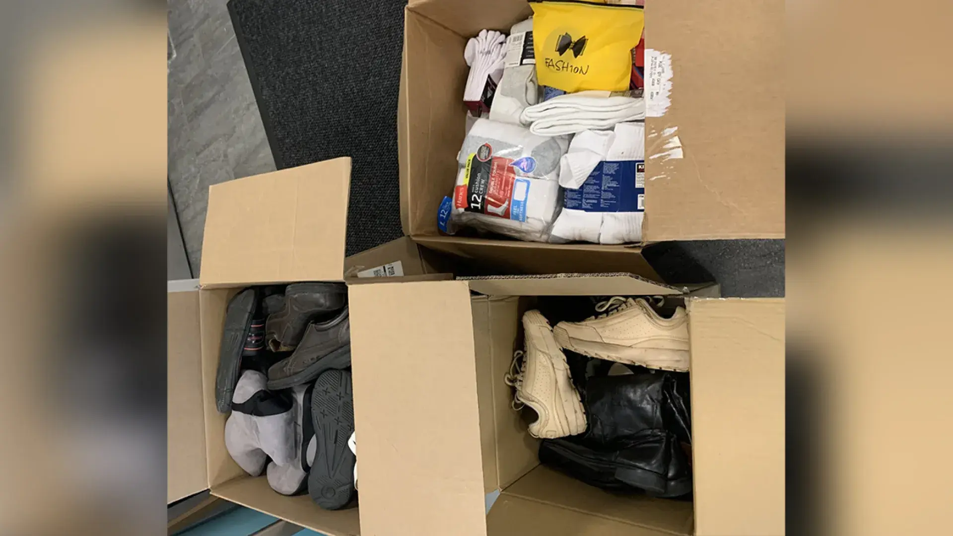 Boxes filled with shoes and socks