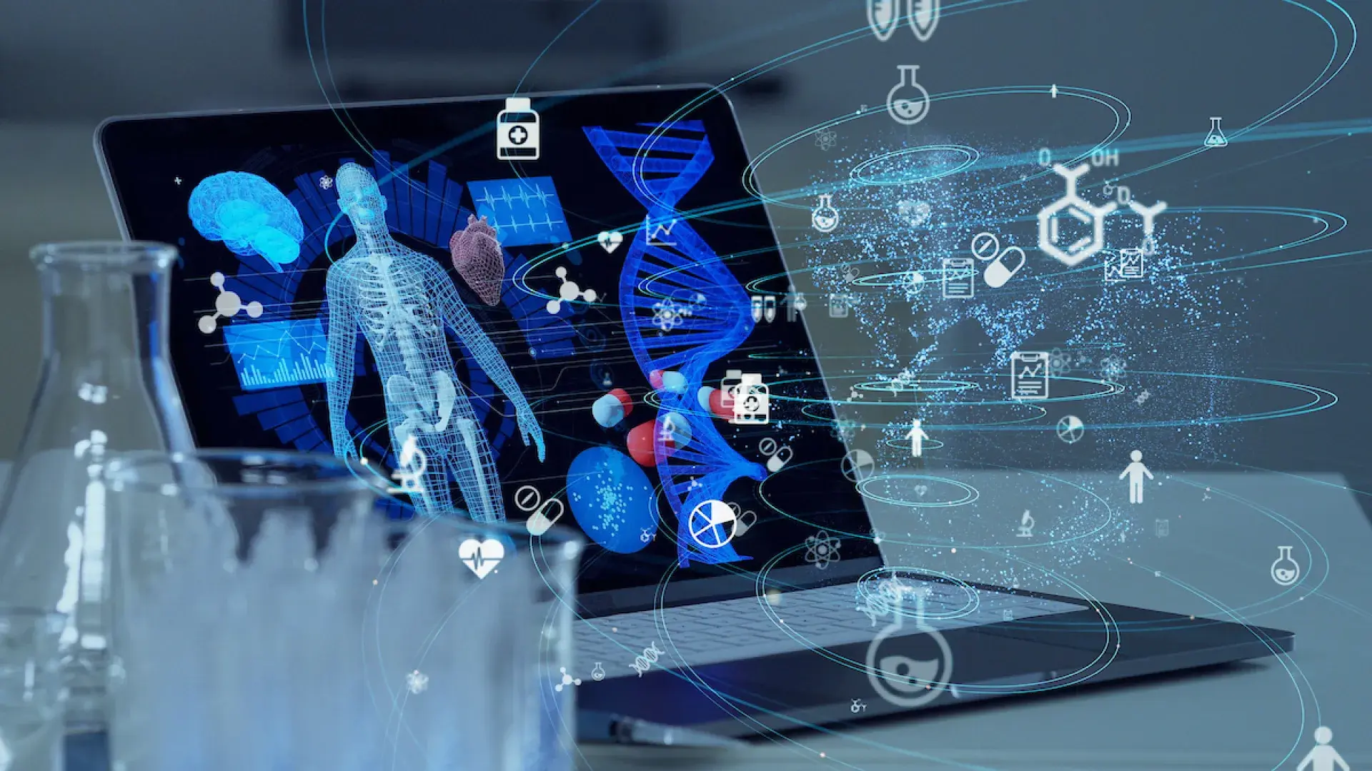 laptop with skeleton and illustrations of molecules