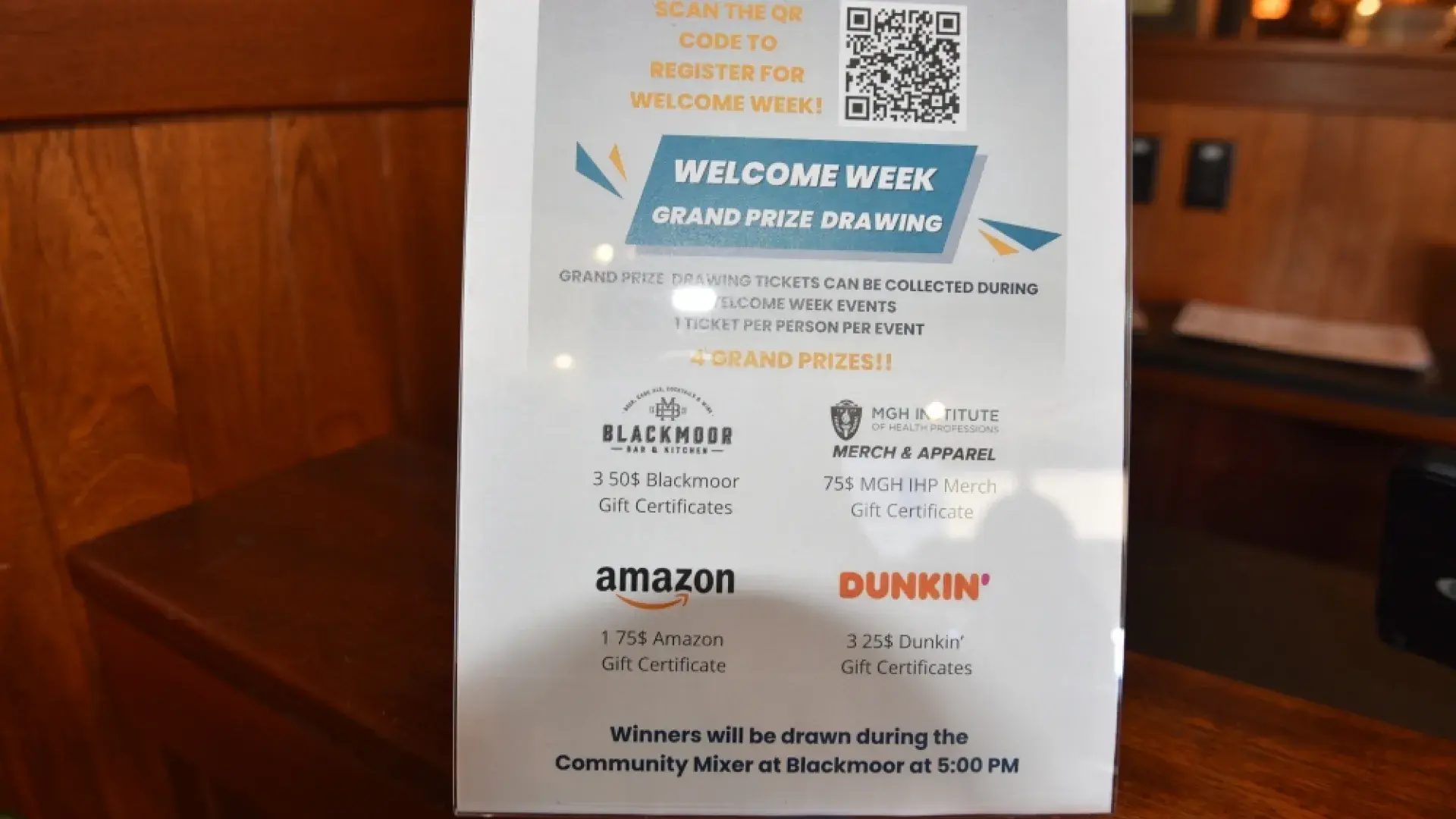 A sign with the prizes available for a drawing