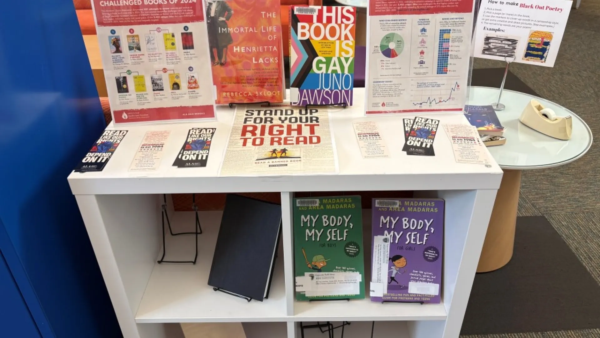white bookshelf with books, stickers and bookmarks 