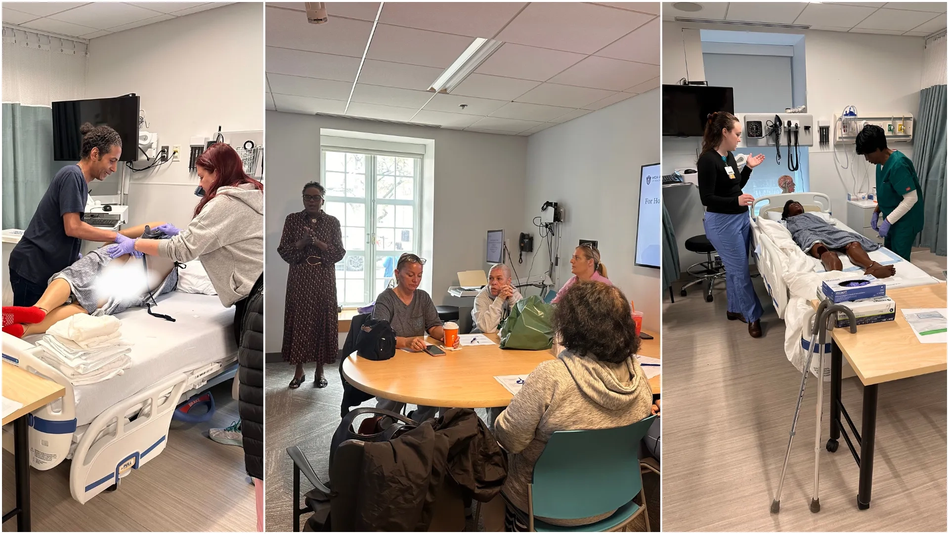 3 photo collage of several people in a clinical setting with mannequins practicing different techniques