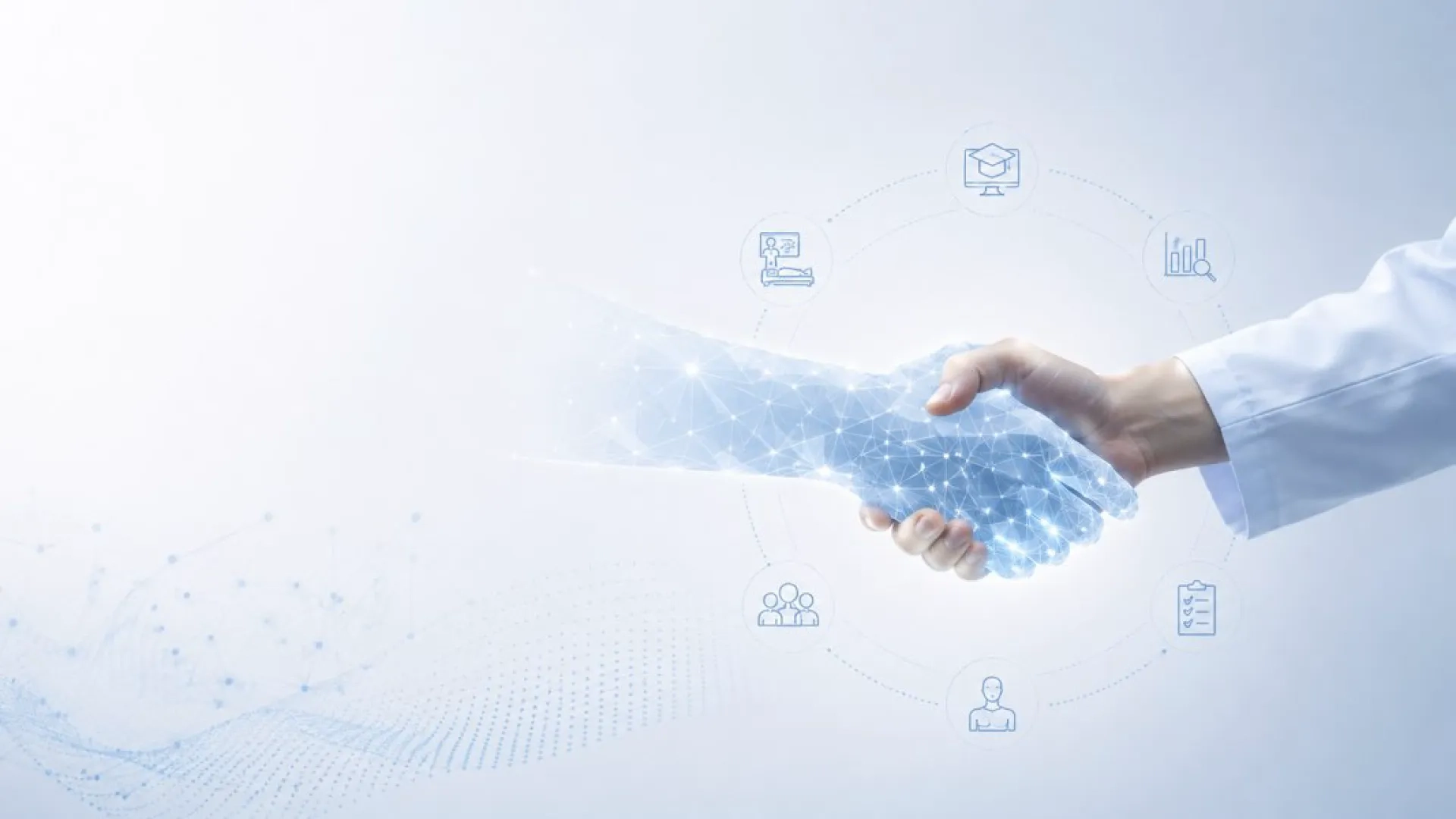 illustration of a hand with a white doctor coat sleeve shaking hands with a digital hand