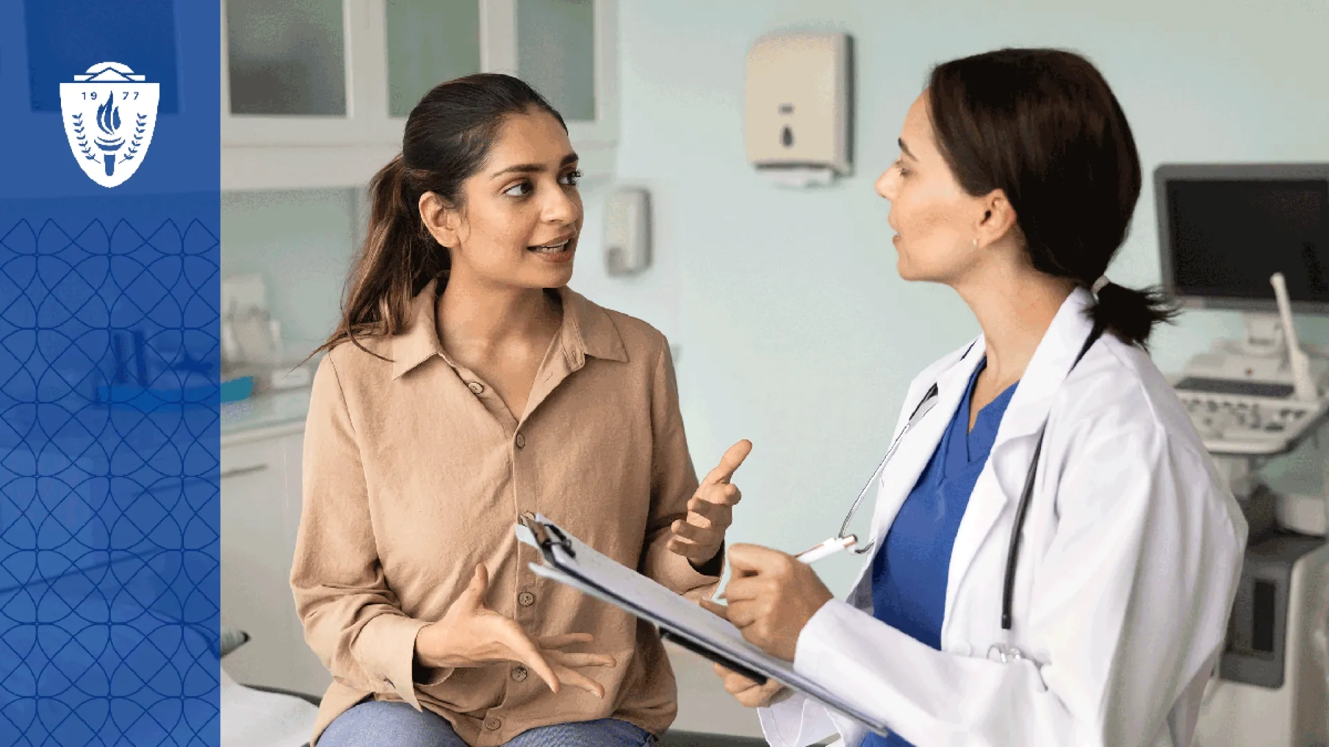 a women's health nurse practitioner goes talks to a patient sitting in an exam room