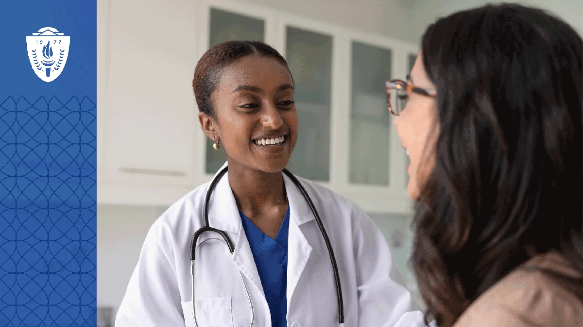 a nurse practitioner in a white lab coat talks to a woman 