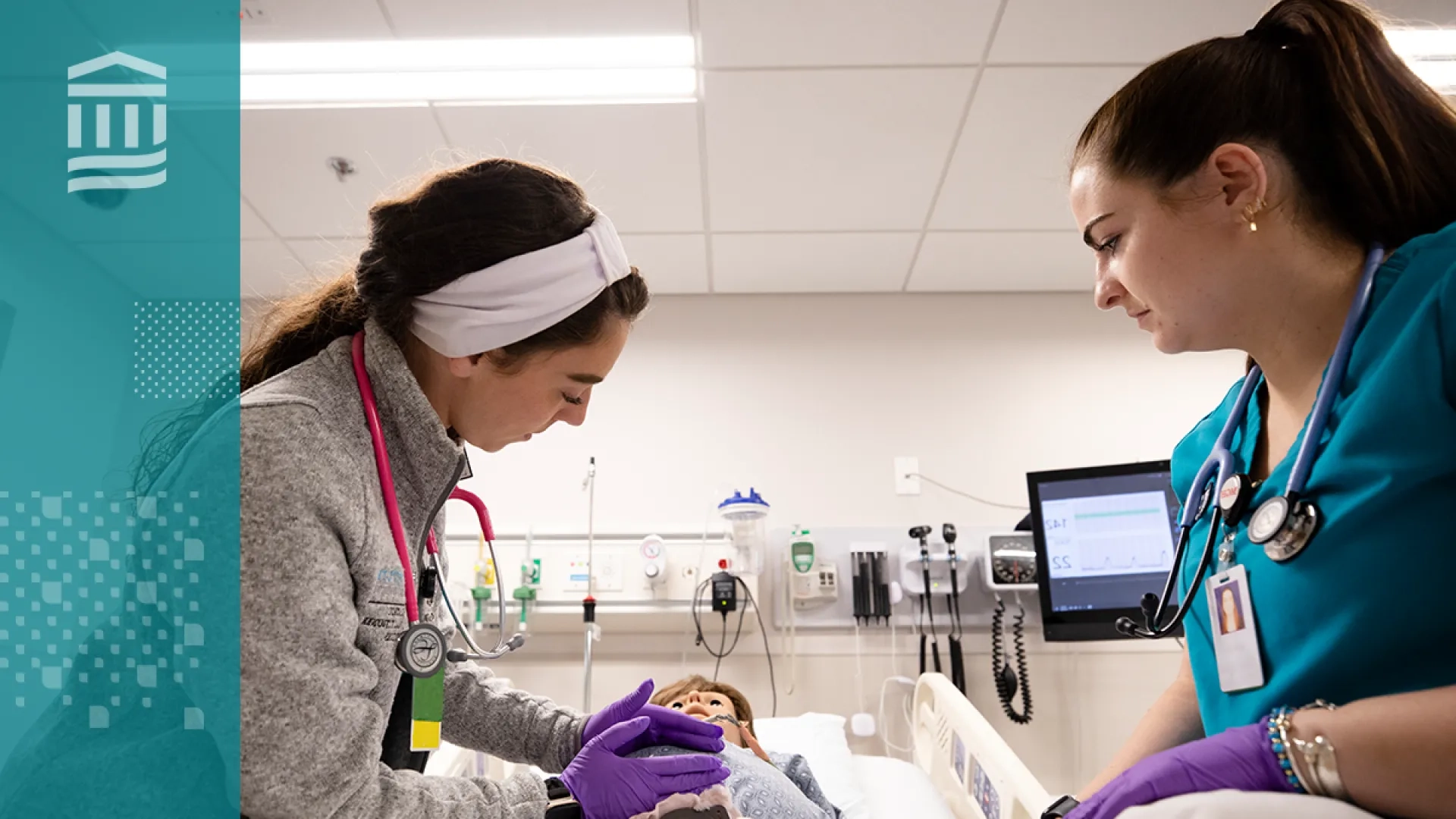 Nursing students at MGH IHP practicing hands-on skills in a simulation lab as part of the ABSN program.