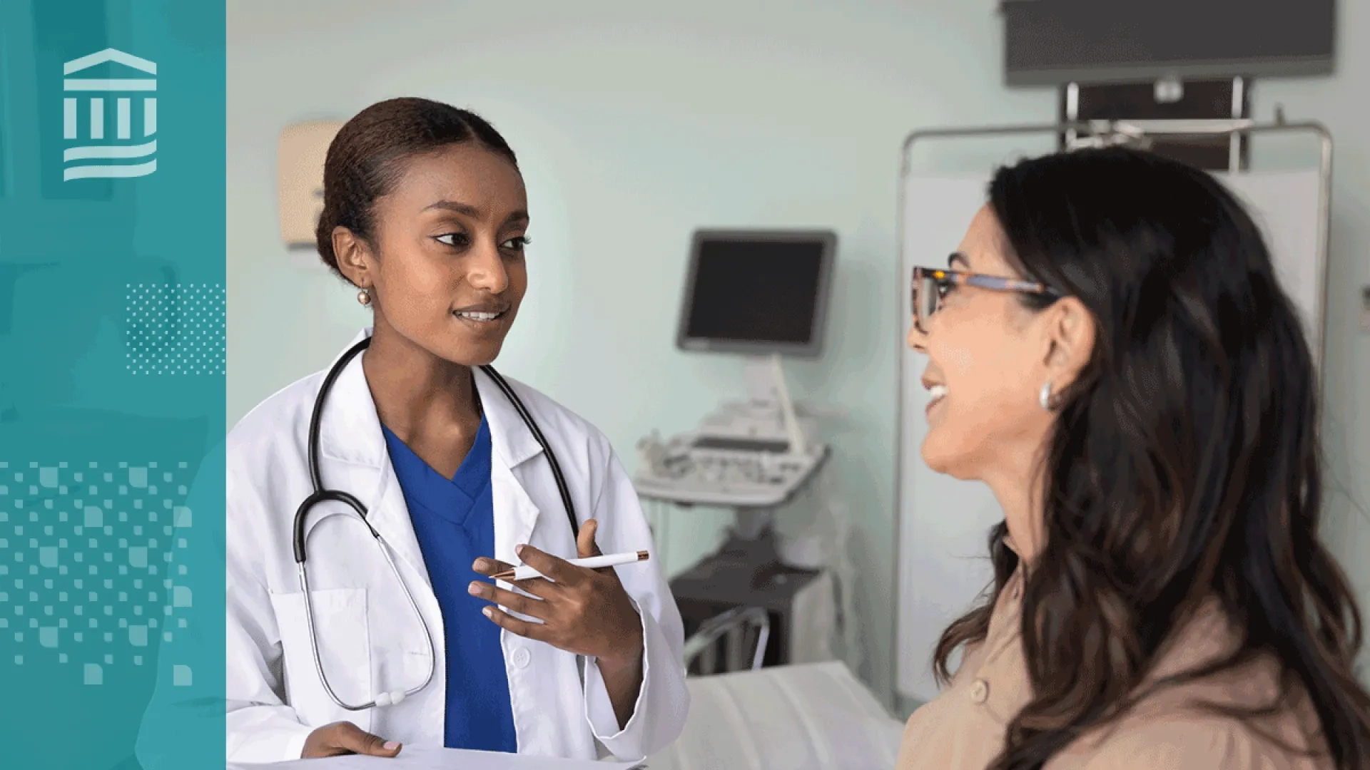Doctor wearing a white coat and stethoscope talking to woman