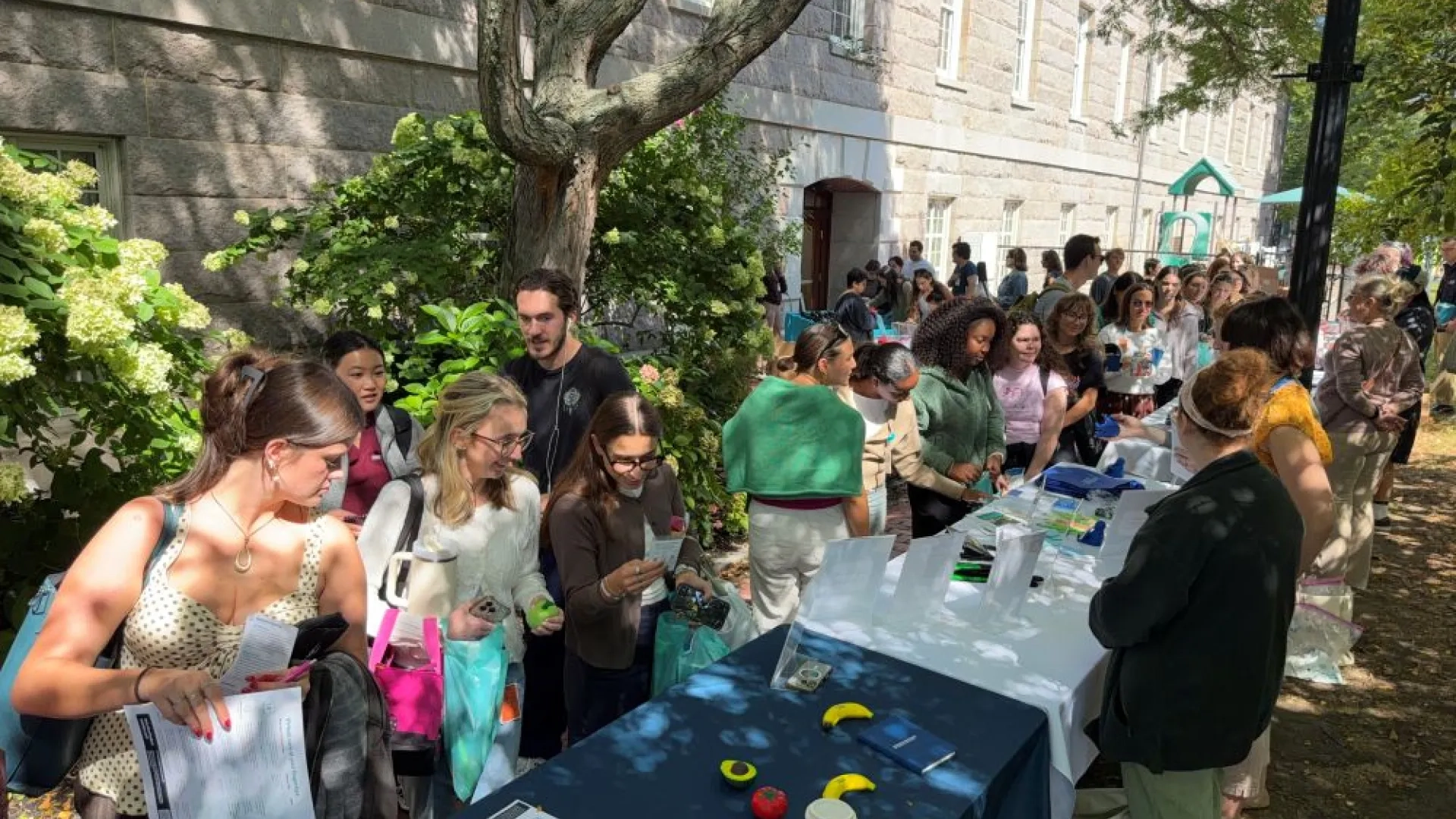 many people walking outside under trees and around tables with different objects on them 
