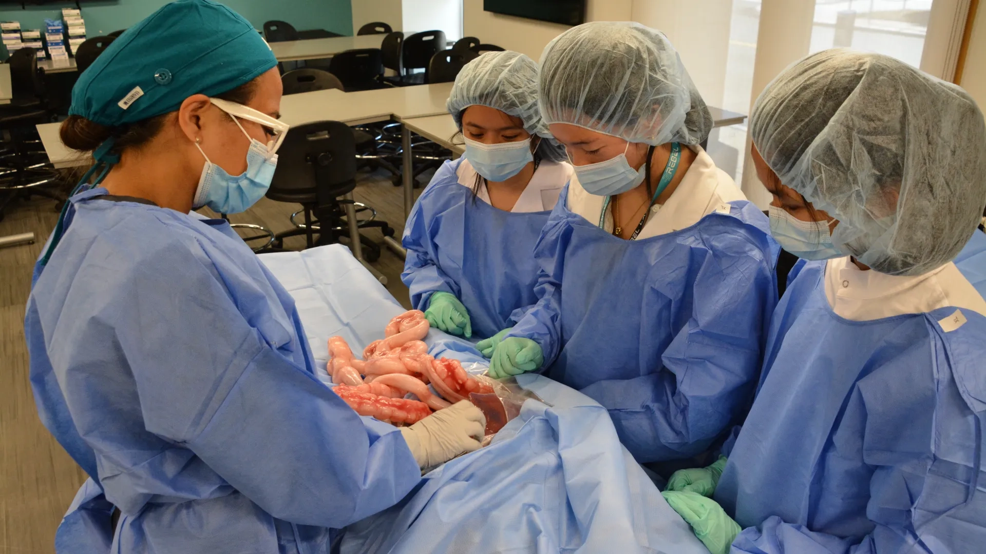 Three students in blue coats, hairnets, and face masks observe imitation organs on an operating table. An instructor, wearing a blue coat, face mask, and hair covering, observes them.