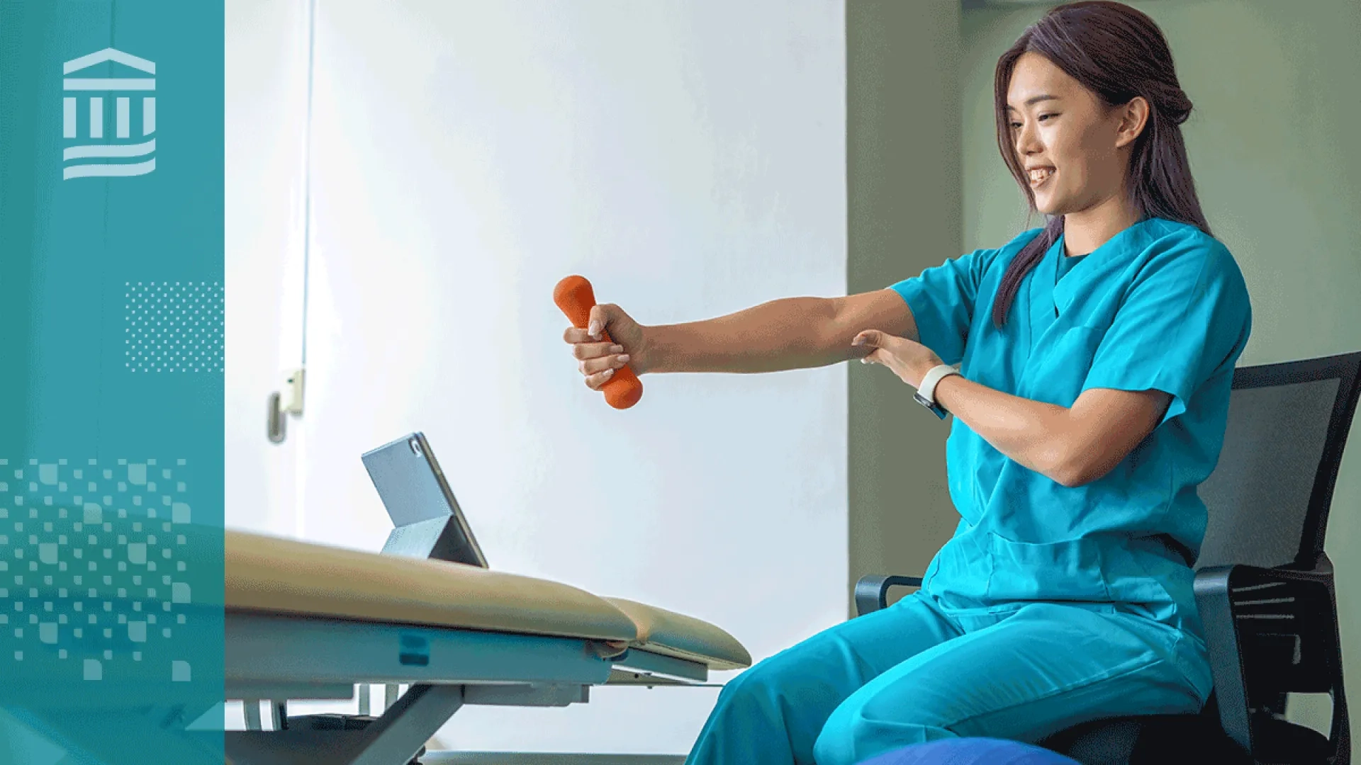 rehab patient sits in chair lifting arm with weight during telehealth appointment