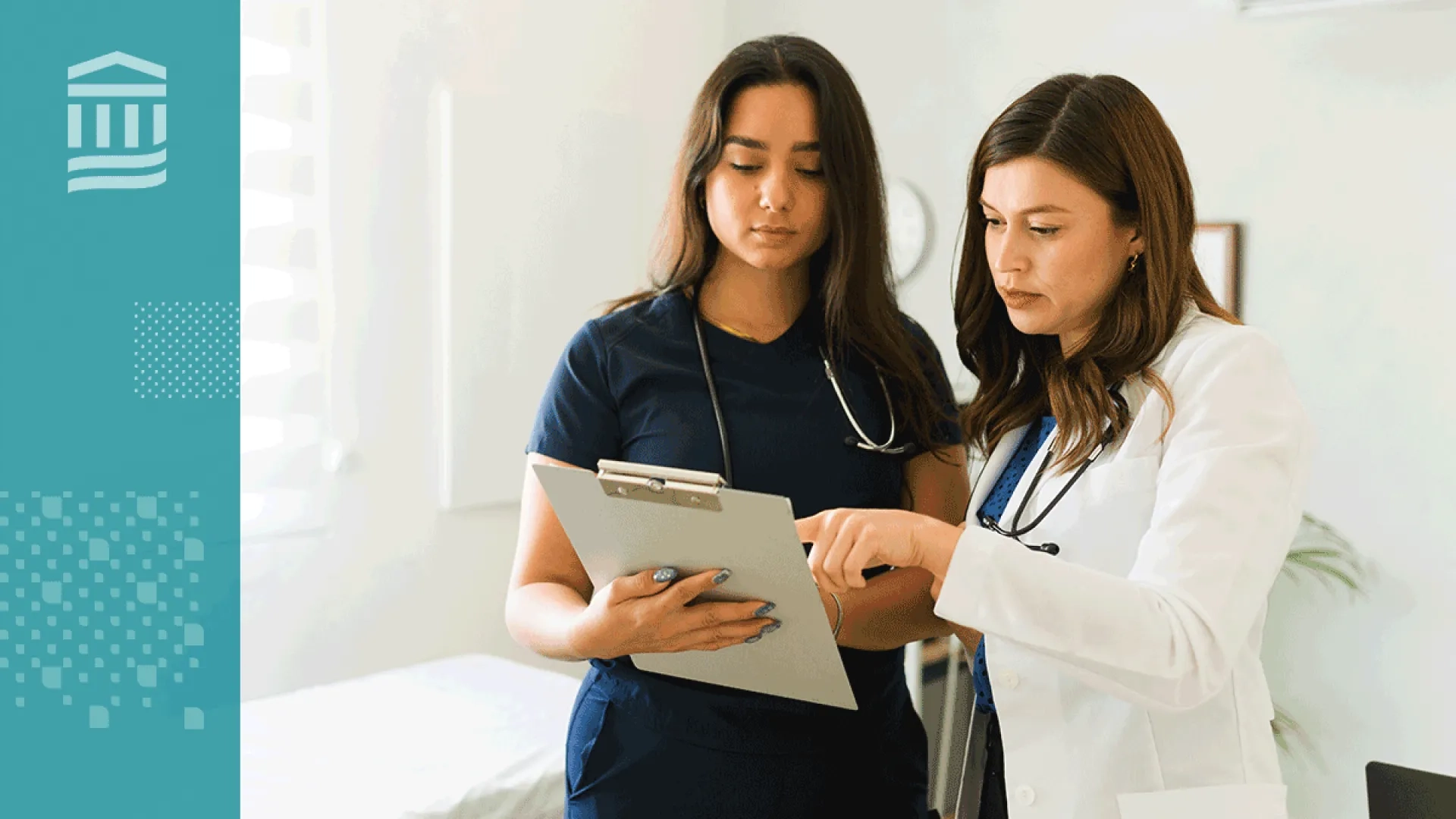 A physical therapy student and clinical instructor reviewing patient notes or research evidence together in a rehabilitation or clinical education setting. 