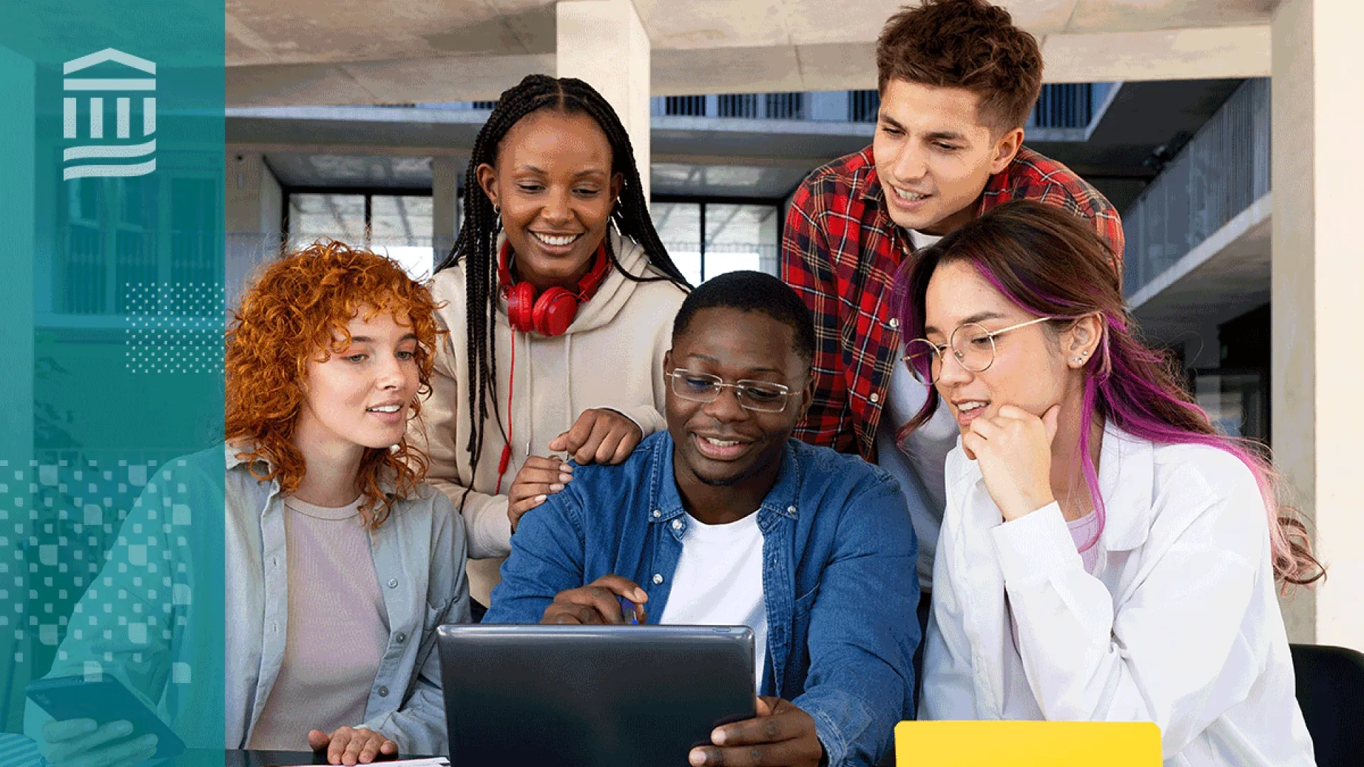 Group of five occupational therapy students sitting and standing around a tablet