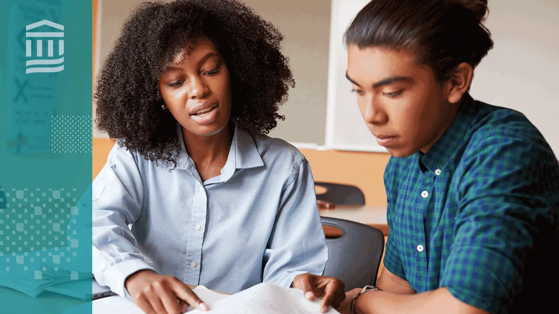 A speech-language pathologist or educator working one-on-one with an adolescent student on reading or literacy skills in a supportive learning environment. 