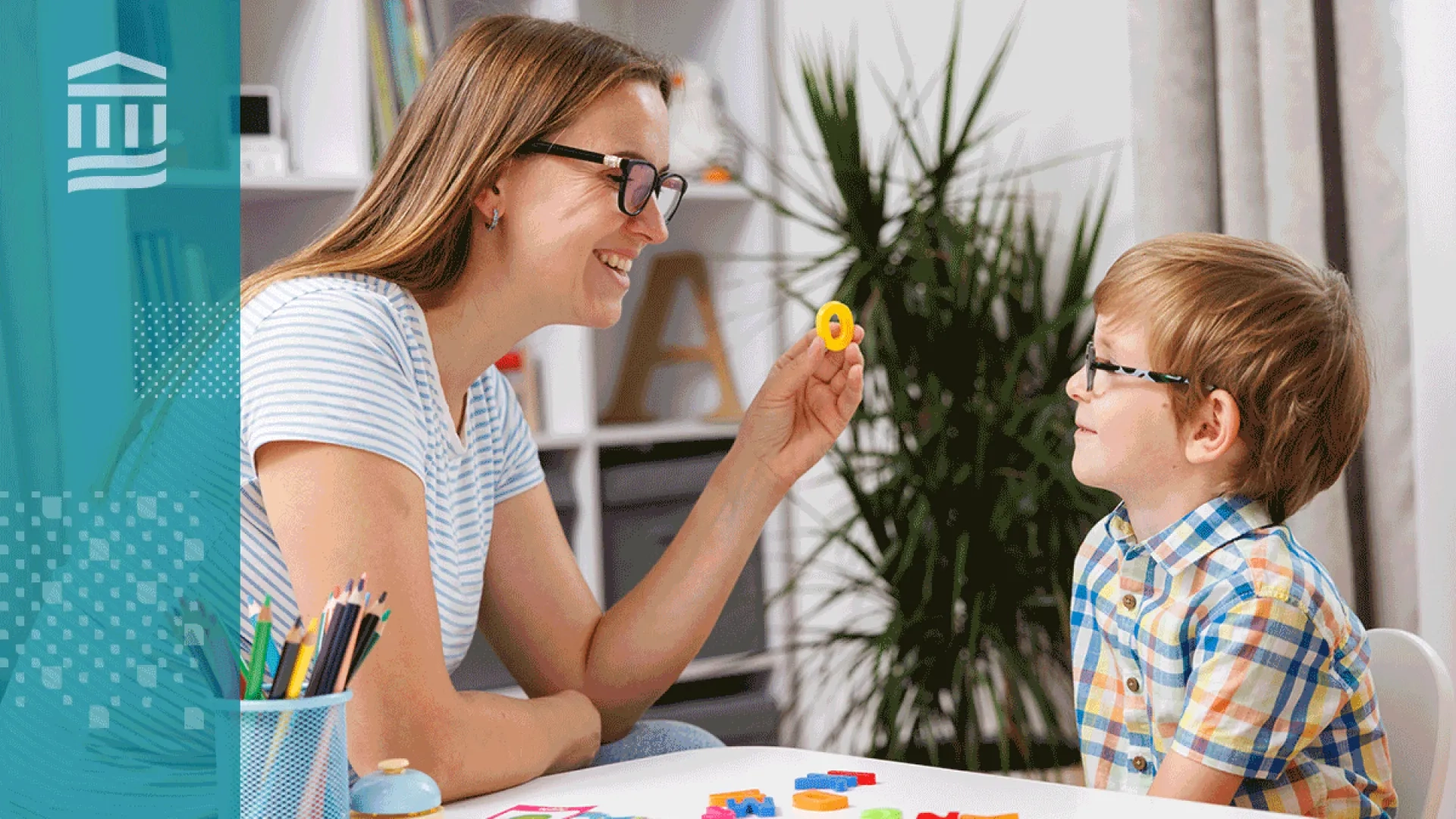 A school-based speech-language pathologist working with a student in a calm, welcoming setting.