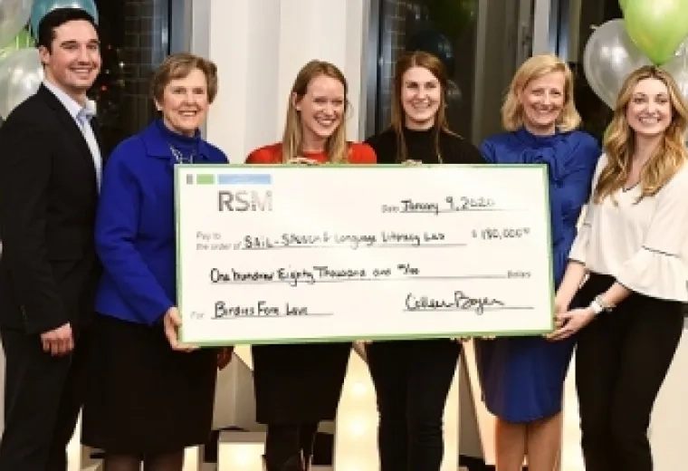 L-R: Patrick O'Neill of RSM, IHP President Paula Milone-Nuzzo, SLP students Elise Hopkins Gallegos & Alexandra Hanson, IHP Chief Development Officer Clare McCully, and Erinn Johnson of RSM.