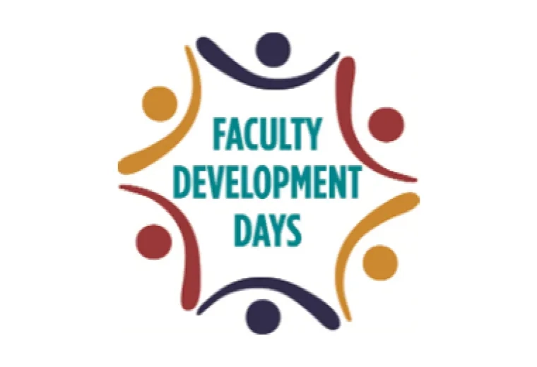illustration in blue, red and yellow of people holding hands with faculty development days written in the middle