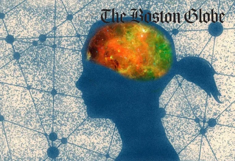 silhouette of a child with a red, yellow and green galaxy for a brain