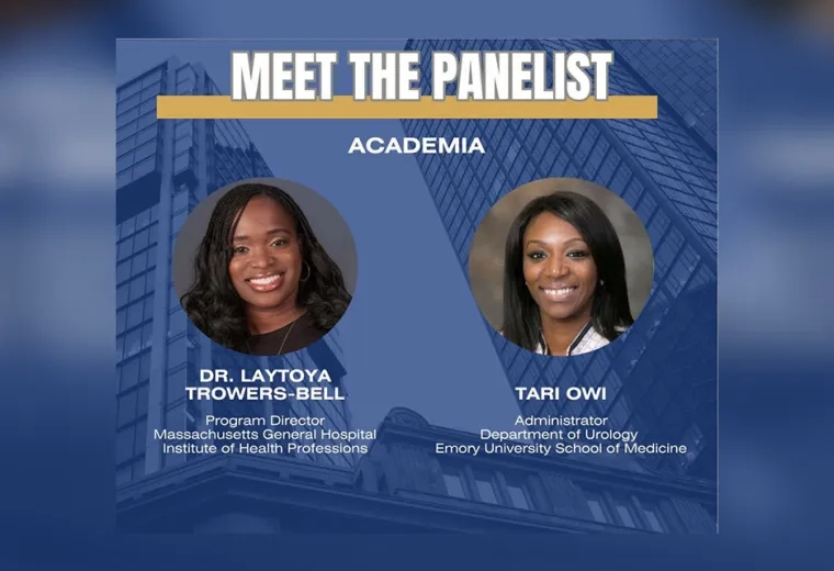 meet the panelist academia is written over headshots of Dr. trowers bell and tari owi