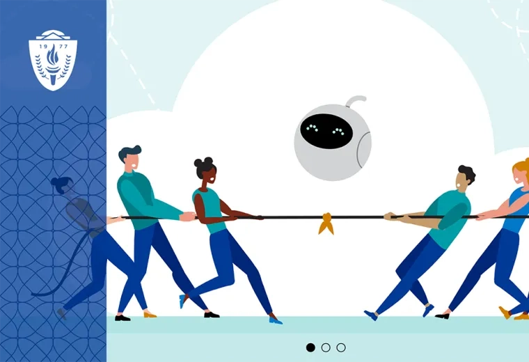 illustration of a robot standing in the middle of a game of tug of war 