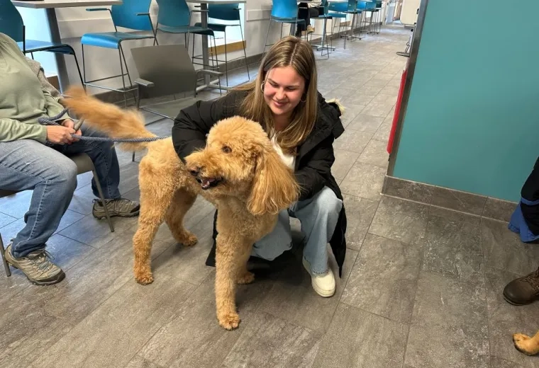 A woman kneels next to a dog