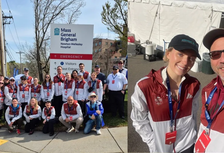 In the left photo, a group of people pose in front of a sign for Newton Wellesley Hospital and in the right, two of those people pose together in front of a tent