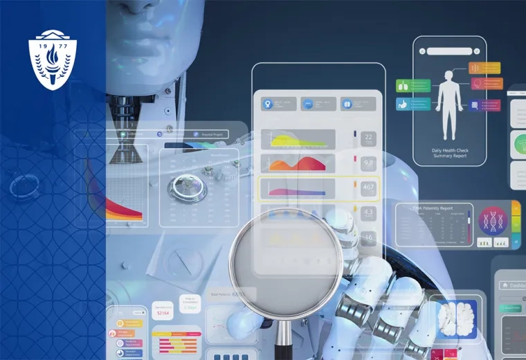 Infographics of various sizes with a humanoid robot in background