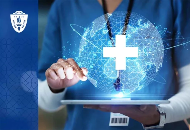 person in scrubs uses an ipad, above which hovers a digital globe