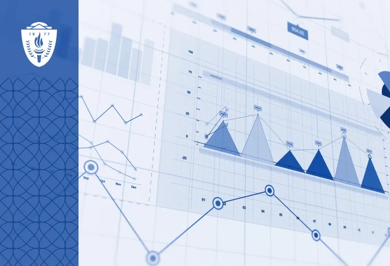 Mixture of bar graphs, line graphs, and pie charts in various shades of blue