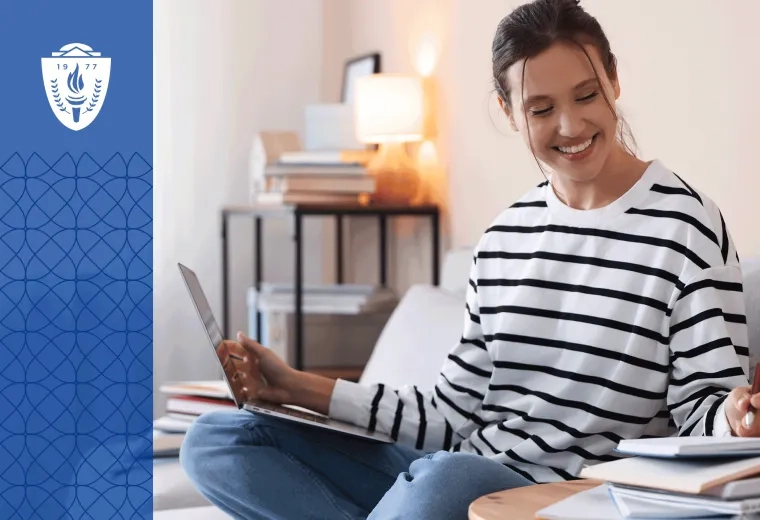 Adult learner studies nursing coursework at home during a career transition.  