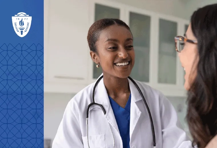 a nurse practitioner in a white lab coat talks to a woman 