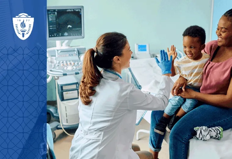Mother and her child sitting in exam room while the nurse high fives the child