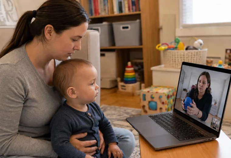 woman sits with her toddler on her lap as he participates in a virtual motor skills session on a laptop