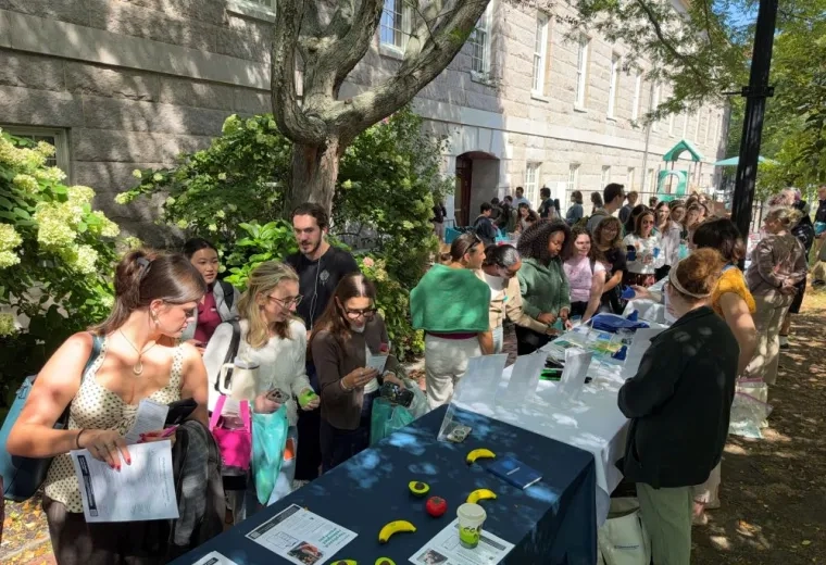 many people walking outside under trees and around tables with different objects on them 