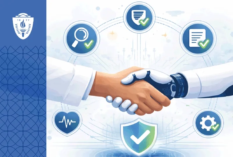 robot hand shaking hands with a human hand with little checked circles around them indicating health, systems, research and publishing