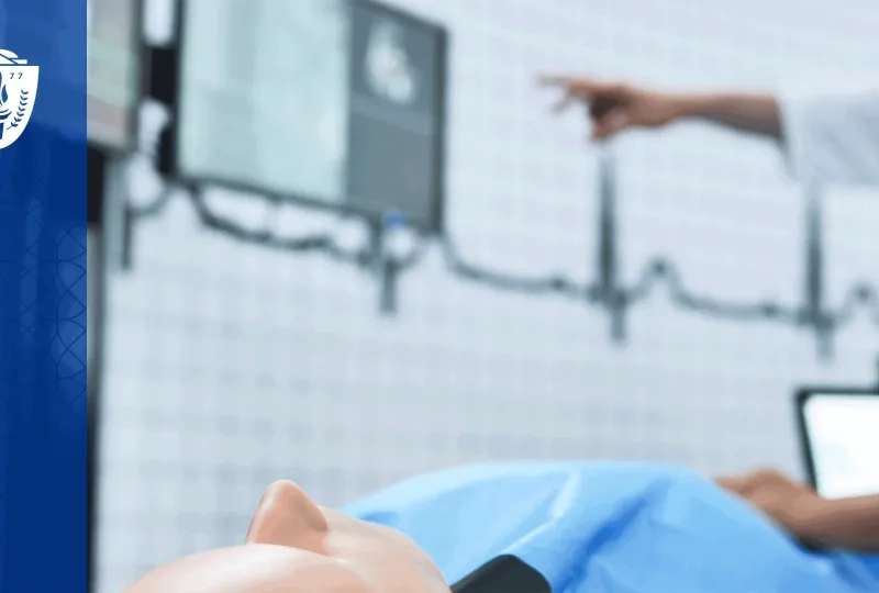 A healthcare simulation mannequin laying on it's back with EKG lines visible on the background