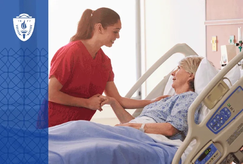an Adult-gerontology Acute Care Nurse Practitioner comforts an older woman in a hospital bed